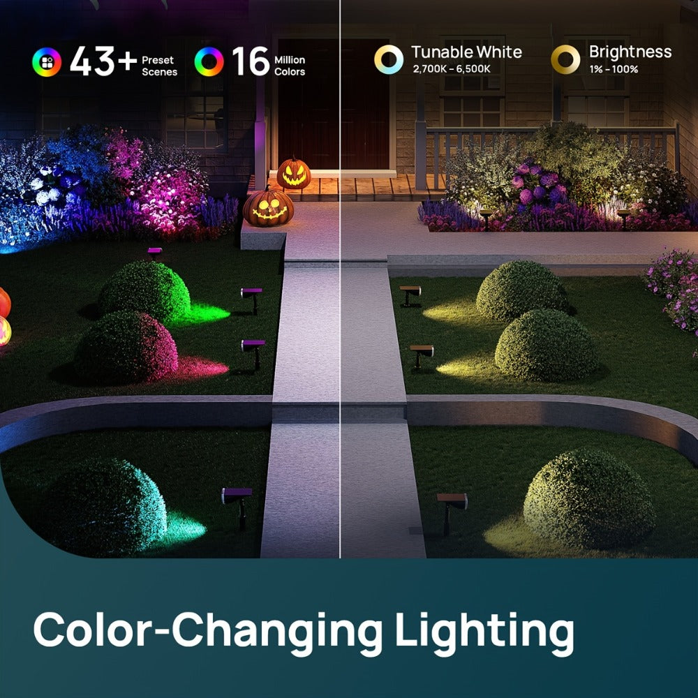 Solar Outdoor Spotlights RGB Smart Color Changing – App & Voice Control, Music Sync, 16M Colors, 14H Battery, Waterproof Landscape Accent Lights | 4 & 6 Pack