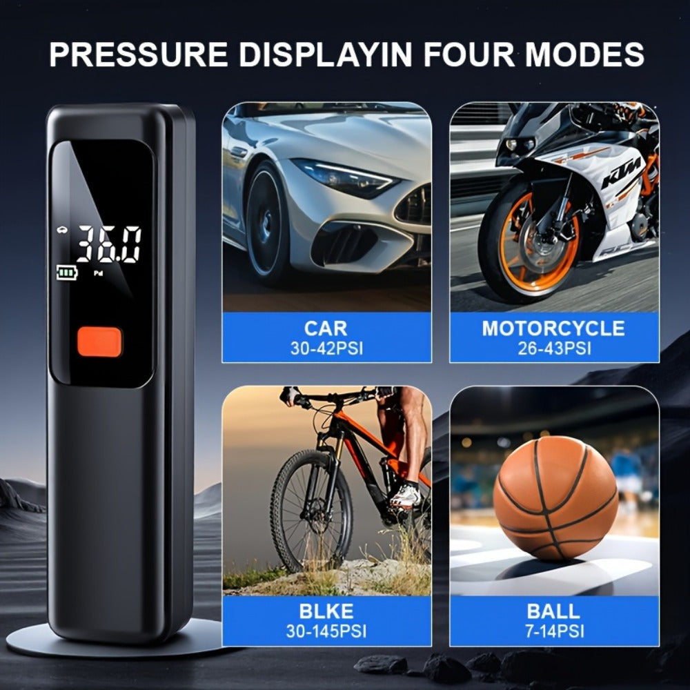 Portable Tire Inflator Wireless Air Compressor with Digital LED Display Auto Pressure Detection USB-C Rechargeable for Car Bicycle Motorcycle Basketball