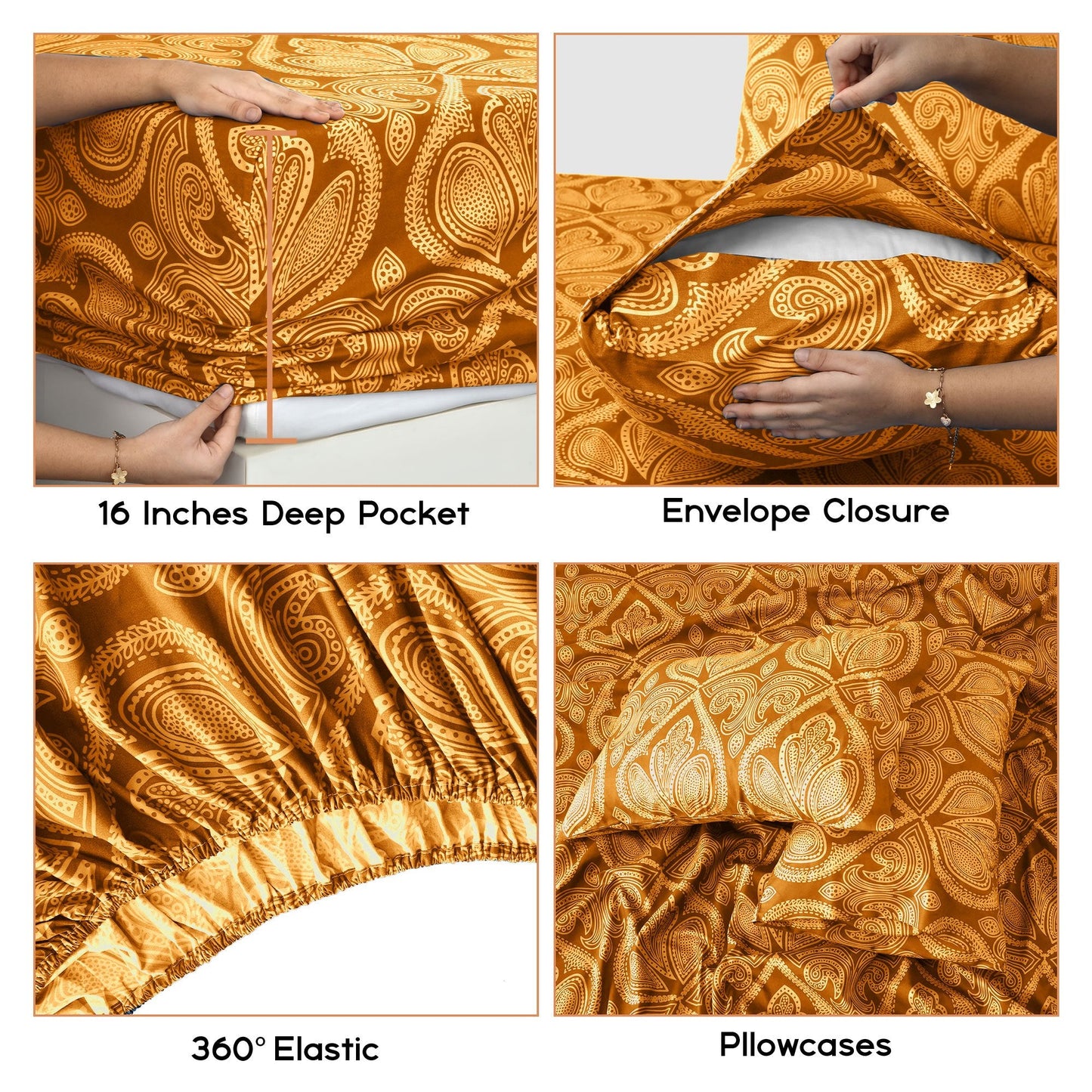 Bed Sheet Set Paisley Brushed Polyester in 4- or 6-Piece Sizing with 16-Inch Pocket and Wash Instructions
