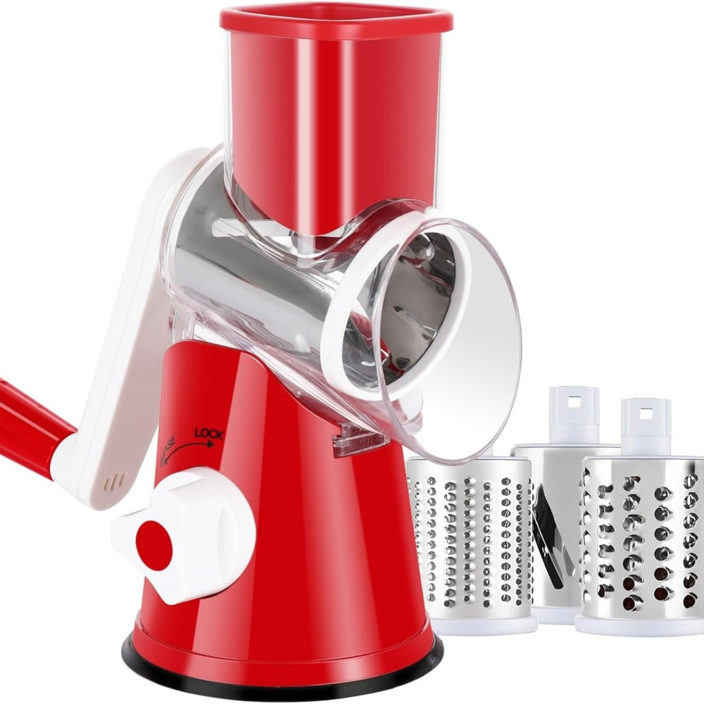 Rotary Cheese Grater – Stainless Steel Hand Crank Shredder with 3 Interchangeable Blades, Non-Slip Suction Base & Cleaning Brush, BPA-Free Vegetable Grater for Cheese, Nuts & Vegetables