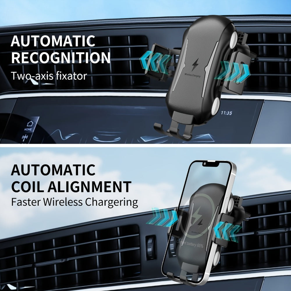 Infrared Auto-Sensing Car Phone Mount 10W Wireless Charging Auto-Lock Clamp Vent Clip Dashboard Suction 360° for iPhone 16 15 14 13 12, Samsung Galaxy S24 S23 S22, All Qi Devices – Black