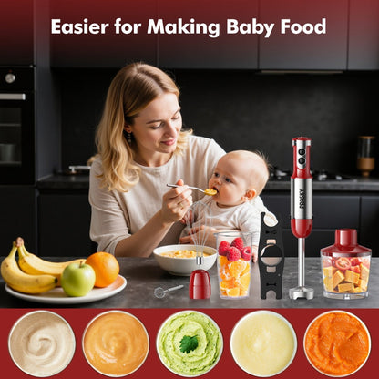 Immersion Blender 5-in-1 Handheld Mixer, Motor, Whisk Meat Chopper Measuring Cup Attachments, Stick Blender for Soups Smoothies Sauces