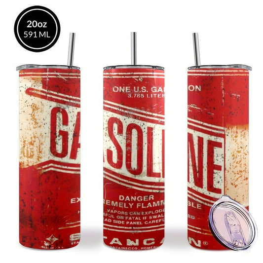 Insulated Tumbler 20oz Vintage Gasoline-Can Graphic Stainless Steel Travel Mug with Lid and Straw