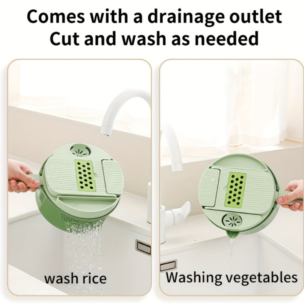 16-in-1 Green Vegetable Chopper with Round Container, Grid Dicing Plates, Slicer, Grater and Peeler Pieces