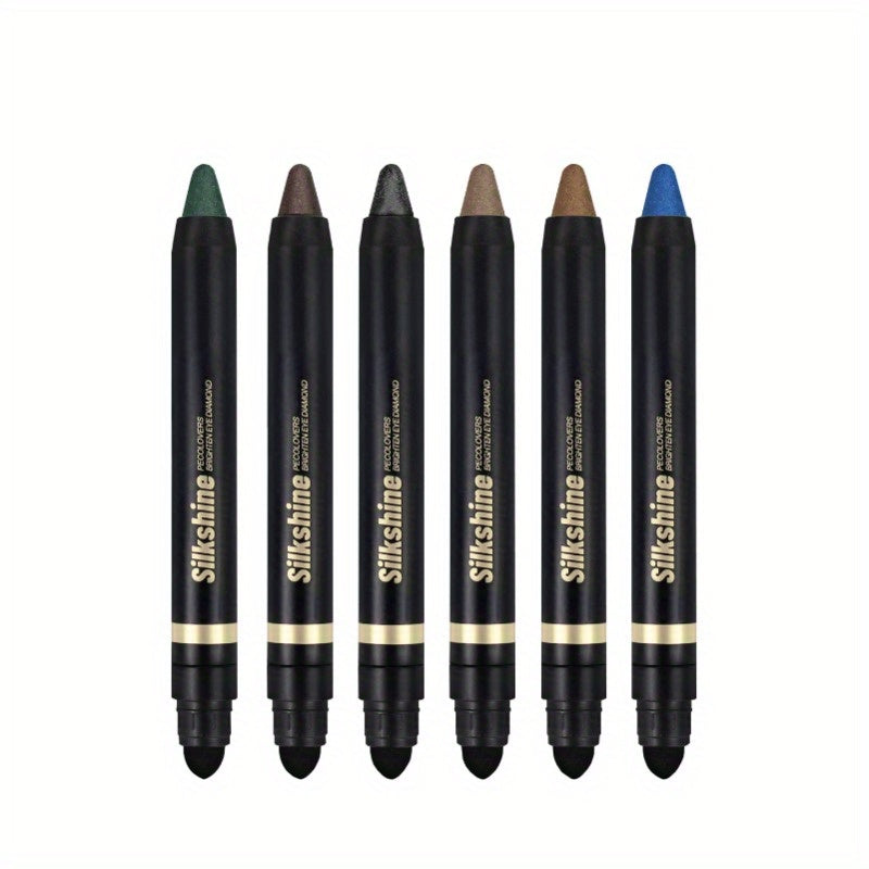Shimmer Glitter Eyeshadow Stick Set 6 Pcs Dual-Tipped Eye Pencil with Blending Brush Creamy Pigmented Eye Contouring Highlighting Kit Multicolor Shades for Women Beginner Pro Gift