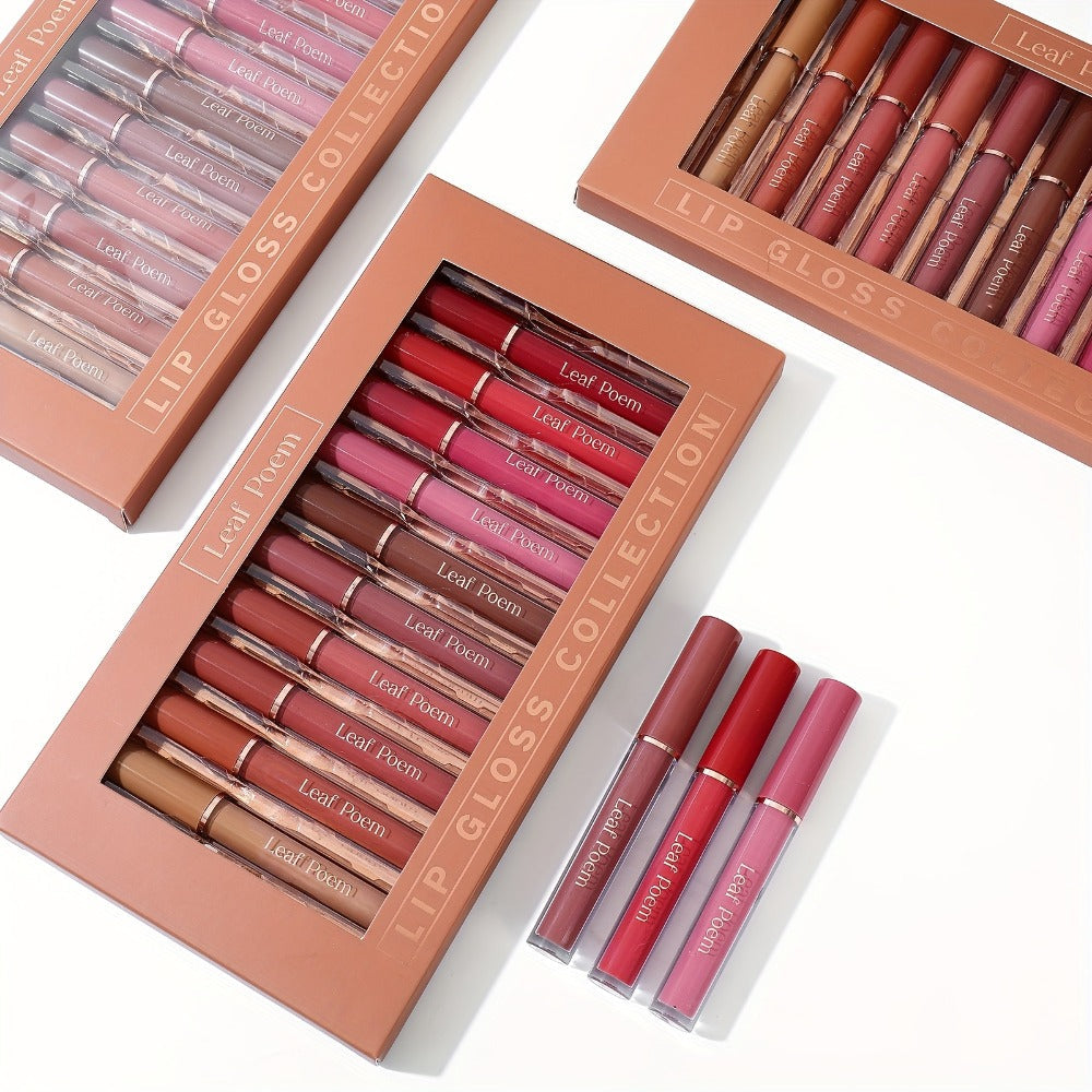 Lip Gloss Set by Leaf Poem with 12 Mixed Lip Colors, Slim Tube Applicators and Presentation Box
