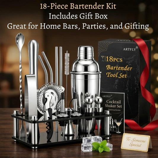 Bartender Kit 18-Piece with Acrylic Stand, 18/8 Stainless Steel Bar Set, Martini Shaker, Jigger, Muddler & Recipe Book – Complete Home Bar Tool Set