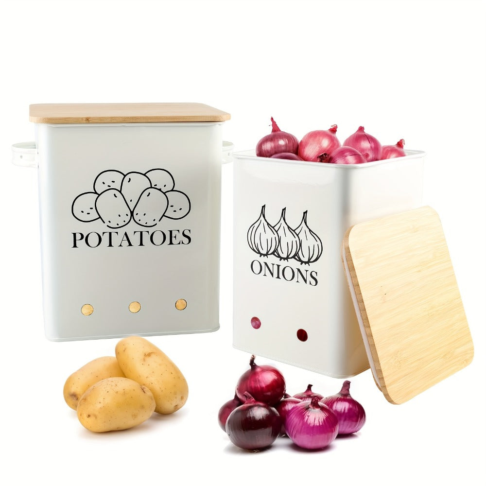 Kitchen Storage Canister Potato Onion Storage Bin Aerating Ventilation Holes Wooden Lid for Home Cooking, Dining and Outdoor Meals