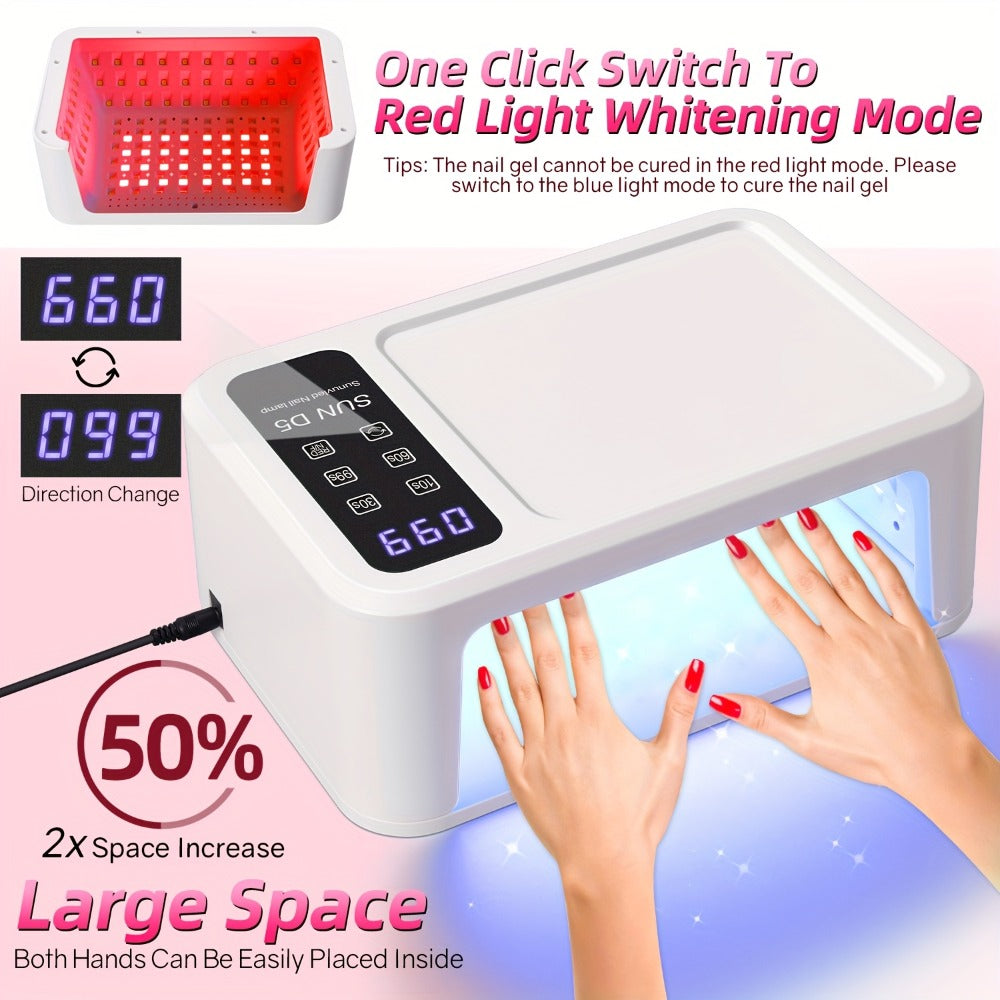 Dual Hand LED Nail Lamp – 2-in-1 Blue & Red Light Gel Curing Light with Removable Plate, 4 Timers & Auto Sensor | Professional Fast Nail Dryer for Both Hands, Home & Salon DIY Manicure
