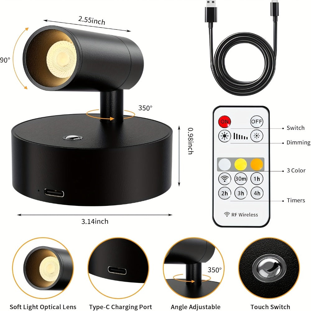 Rechargeable Indoor Spotlight LED – 3-Color Dimmable with Remote & Timer, 350° Adjustable, 2500mAh Battery, Magnetic Base Wall Accent Light for Pictures, Plants & Artwork (White / Black, 1 or 2 Pack)