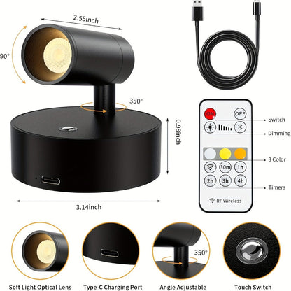 Rechargeable Indoor Spotlight LED – 3-Color Dimmable with Remote & Timer, 350° Adjustable, 2500mAh Battery, Magnetic Base Wall Accent Light for Pictures, Plants & Artwork (White / Black, 1 or 2 Pack)