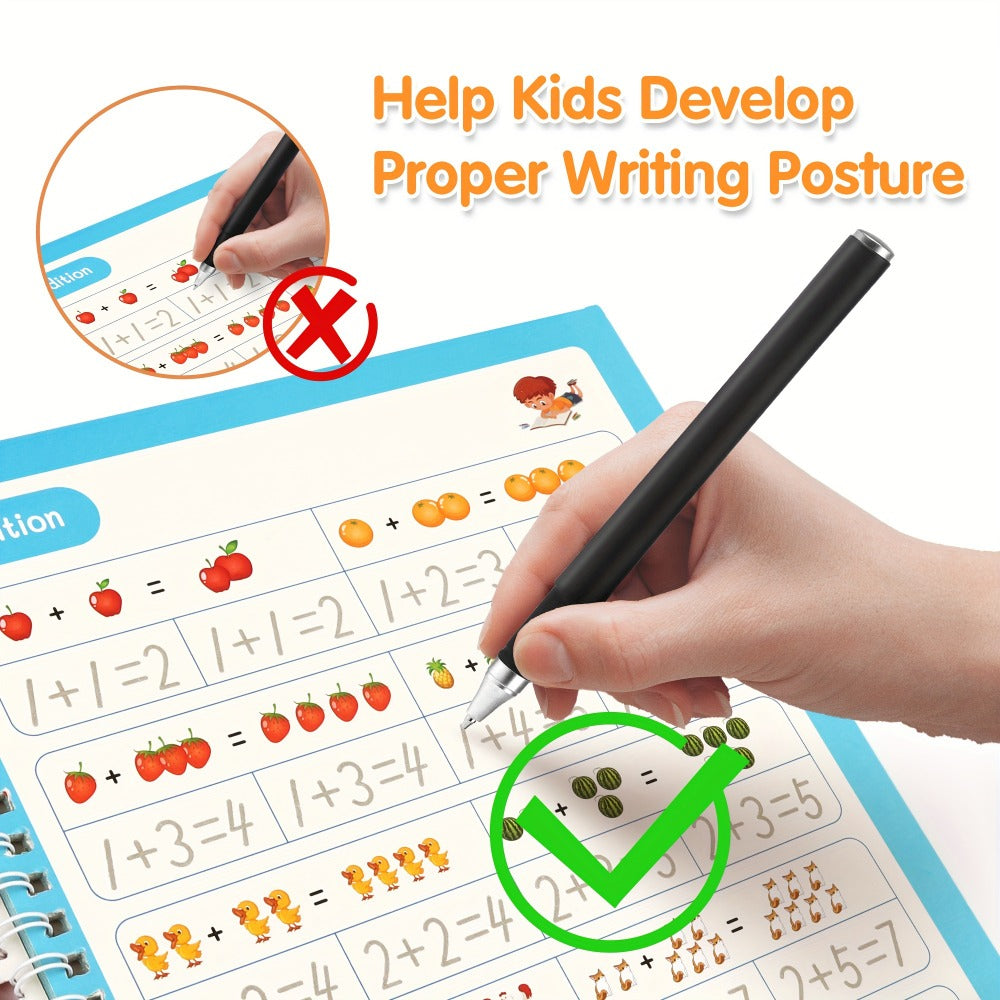 Magic Grooved Handwriting Practice Book for Kids Ages 3-8 — Reusable 5-in-1 Tracing Workbook for Letters Numbers Drawing Math, 3D Groove Pen Control Training with Grip Aids, 10.2×7.3 In
