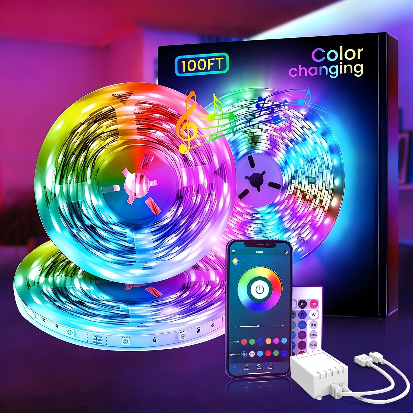 RGB LED Light Strip 50ft 100ft 130ft 16 Million Colors Music Sync – App & 24-Key Remote Control, Color Changing LED Strips for Bedroom, Game Room, Dorm & Party Decoration