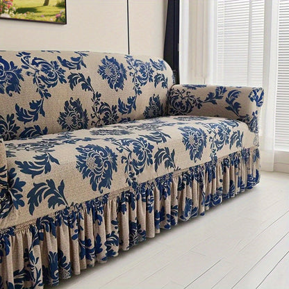 Sofa Slipcover, Dark Blue Stretch Cover with Ruffle Skirt, Fixed Rod and One-to-Four-Seat Options