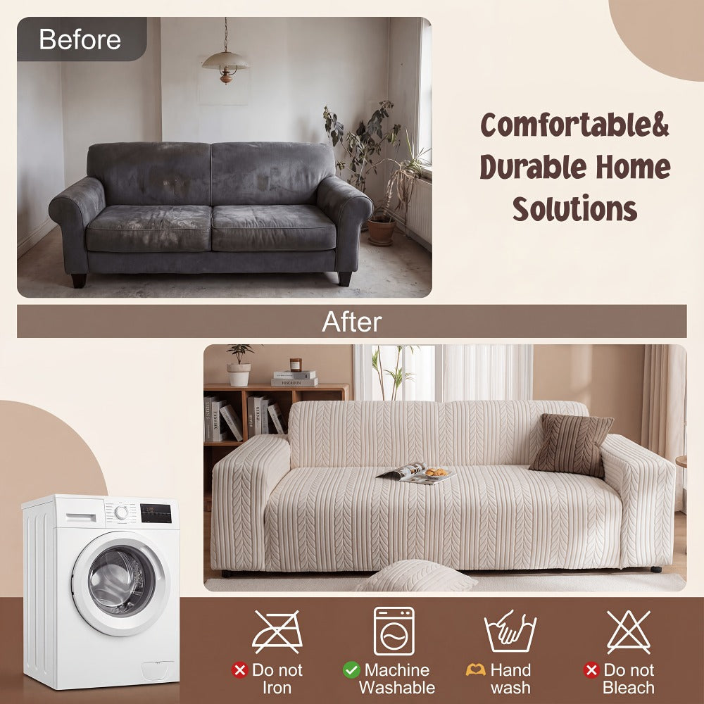 Sofa Cover Elastic Velvet Leaf Jacquard Full-Cover Slipcover with Pillowcase for 1 to 4-Seater Sofas