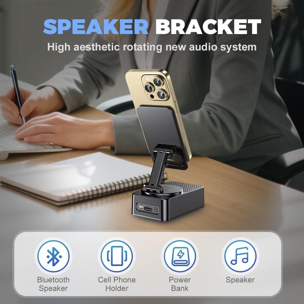 Induction Wireless Speaker Phone Holder Stand 3-in-1 – Foldable Tabletop Mount with Stereo Bass Amplifier, High-Capacity Emergency Battery, Compatible with iPhone & Android Tablets and Smartphones