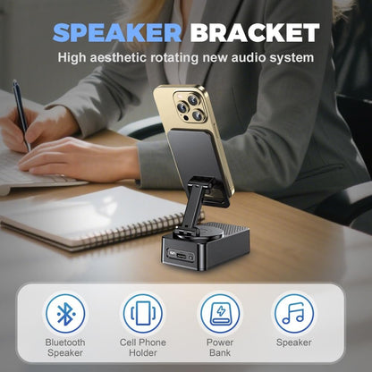 Induction Wireless Speaker Phone Holder Stand 3-in-1 – Foldable Tabletop Mount with Stereo Bass Amplifier, High-Capacity Emergency Battery, Compatible with iPhone & Android Tablets and Smartphones