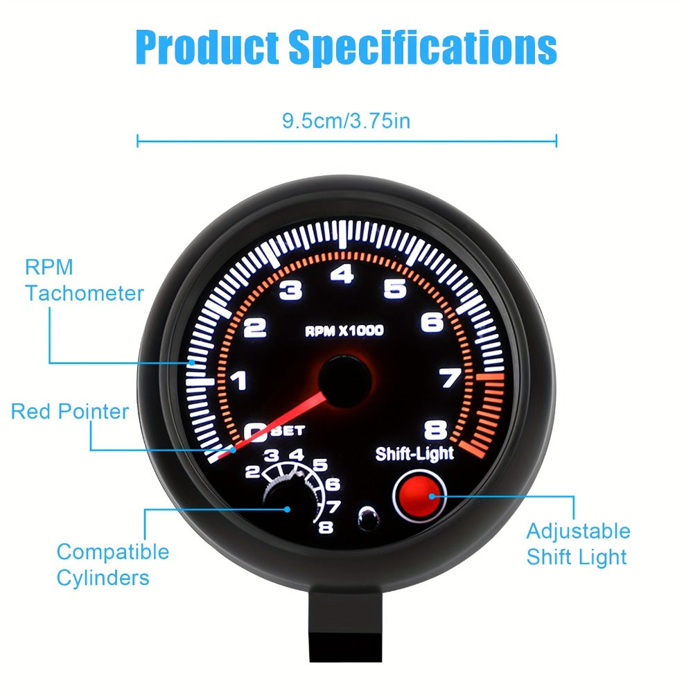 Car Tachometer Gauge 12V 0-8000 RPM 3.75 Inch - LED Shift Light, ABS Black Dial for 4 6 8 Cylinder Petrol Engines, Universal Fit with Accessories Kit