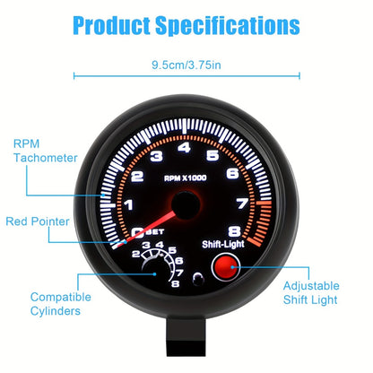 Car Tachometer Gauge 12V 0-8000 RPM 3.75 Inch - LED Shift Light, ABS Black Dial for 4 6 8 Cylinder Petrol Engines, Universal Fit with Accessories Kit