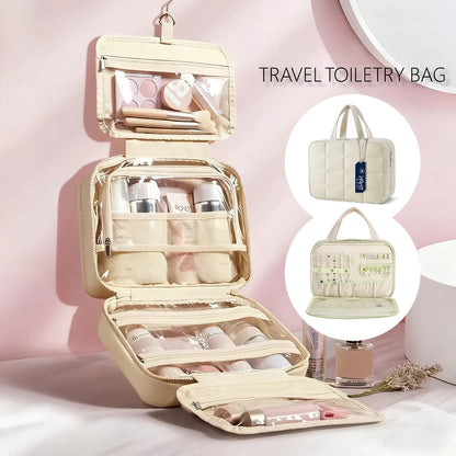 Hanging Travel Toiletry Bag Large Capacity for Full-Size Products Waterproof Cosmetic Organizer with Hook — Bathroom Makeup Travel Bag for Women Pink Beige Black