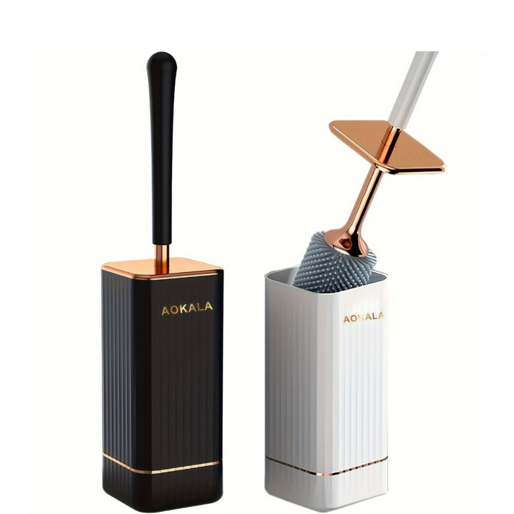 Black TPR Silicone Toilet Brush and Covered Holder Set with 41cm Handle for Bathroom Floor Storage