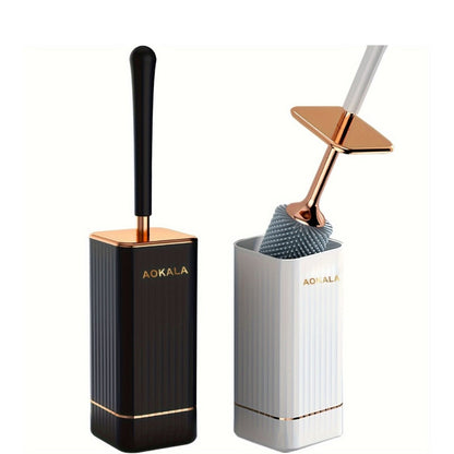 Black TPR Silicone Toilet Brush and Covered Holder Set with 41cm Handle for Bathroom Floor Storage