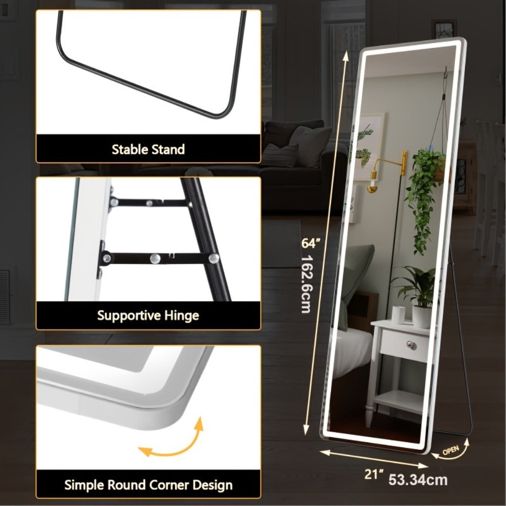 Full Length Mirror with LED Lights & Touch Sensor, 64"x21" Dimmable Smart Floor Mirror, Wall Mount or Freestanding