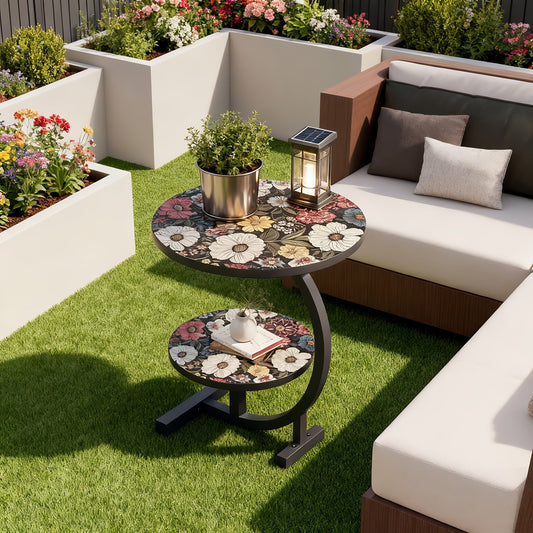 Small Round Side Table Sofa End Table Floral Mandala Desktop Accent Table for Living Room Bedroom Balcony Patio Outdoor Indoor Use