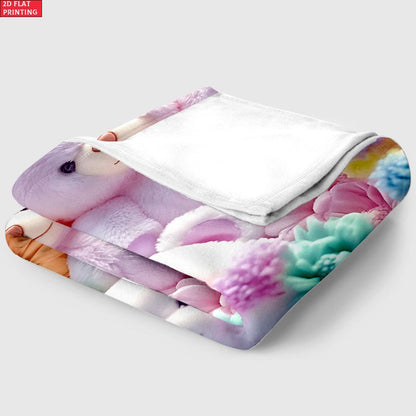 Teddy Bear and Floral Print Throw Blanket with Colorful Flat Graphic and Exact 39.41 by 50.8 Inch Option