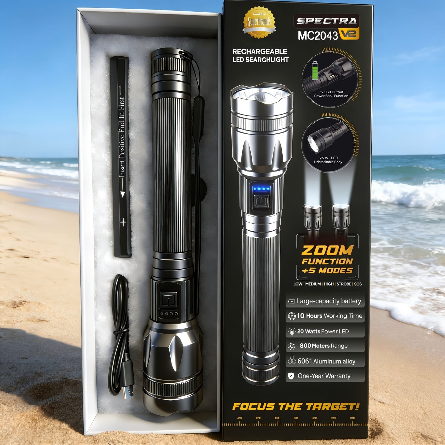 Flashlight 4000-Lumen P70 Zoom Torch with Five Modes, USB-C Charging and 18650 5000mAh Battery