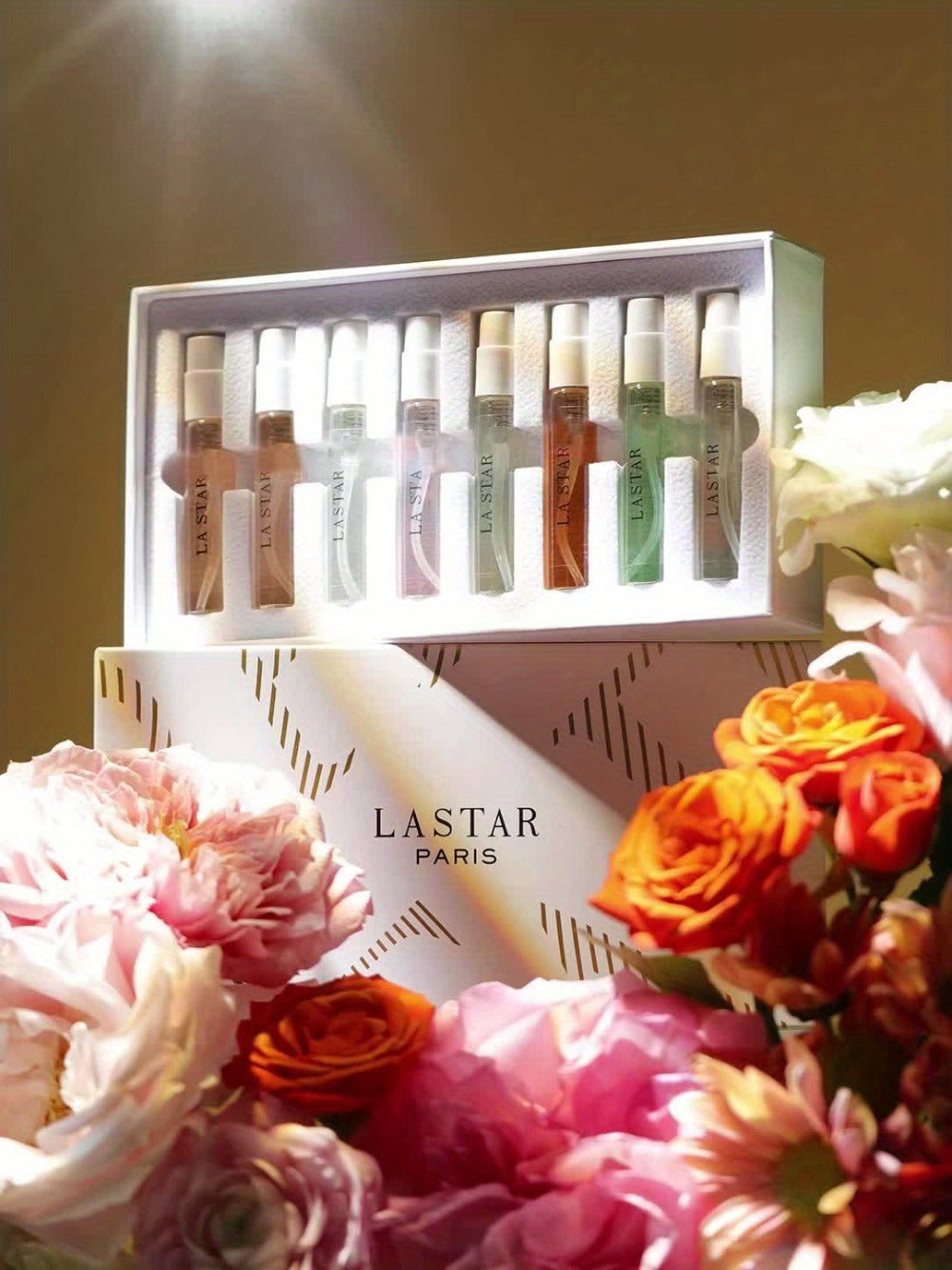 Perfume Gift Set LASTAR Eight-Piece Spray Bottle Collection in White Gold Box with Fitted Insert for Women