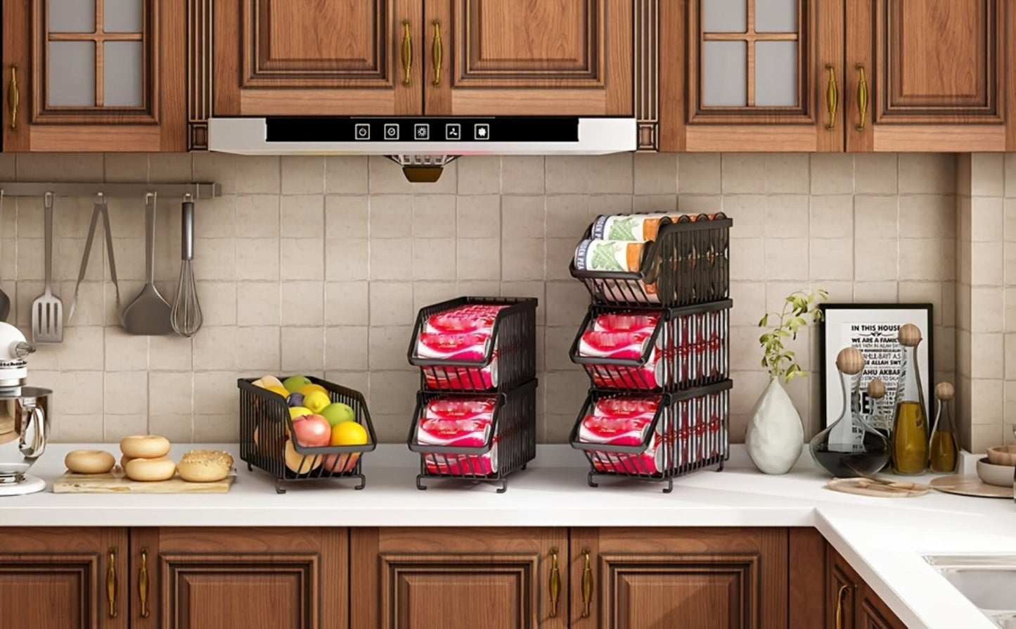 Soda Can Rack Kitchen Organizer 6-Piece Black Iron Stackable Set for Refrigerator, Pantry or Cabinet