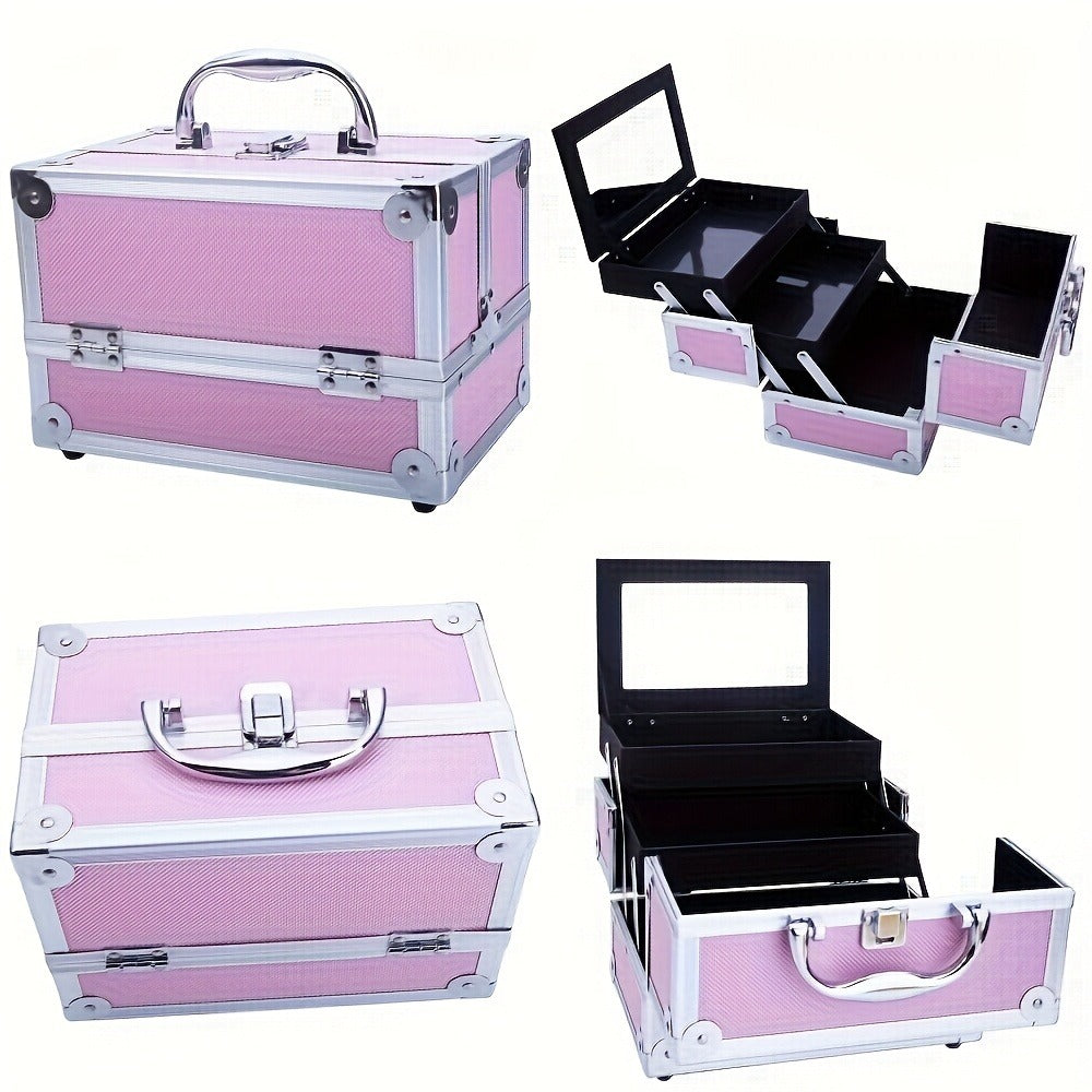 Four-in-One Rolling Makeup Case with Aluminum Frame, Swivel Wheels and Black, Pink or Silver Options