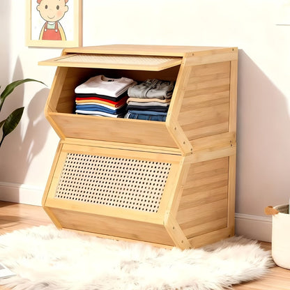 Shoe Rack Bamboo Freestanding Organizer with Flip Drawer, Stackable Design and 27.5 or 33.85-Inch Width