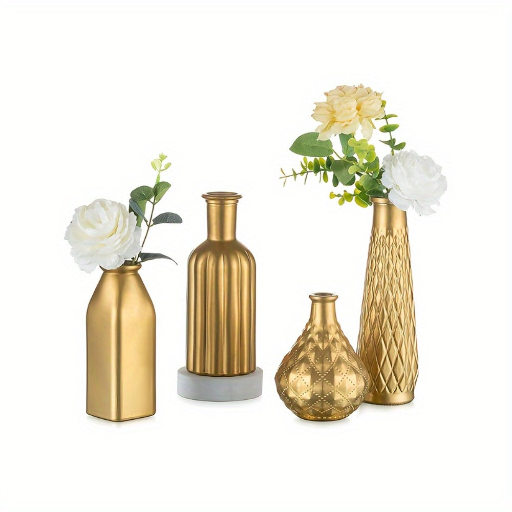 Gold-Tone Glass Bud Vases, Four- or Eight-Piece Mixed Art Deco Bottle Set for Tables and Centerpieces
