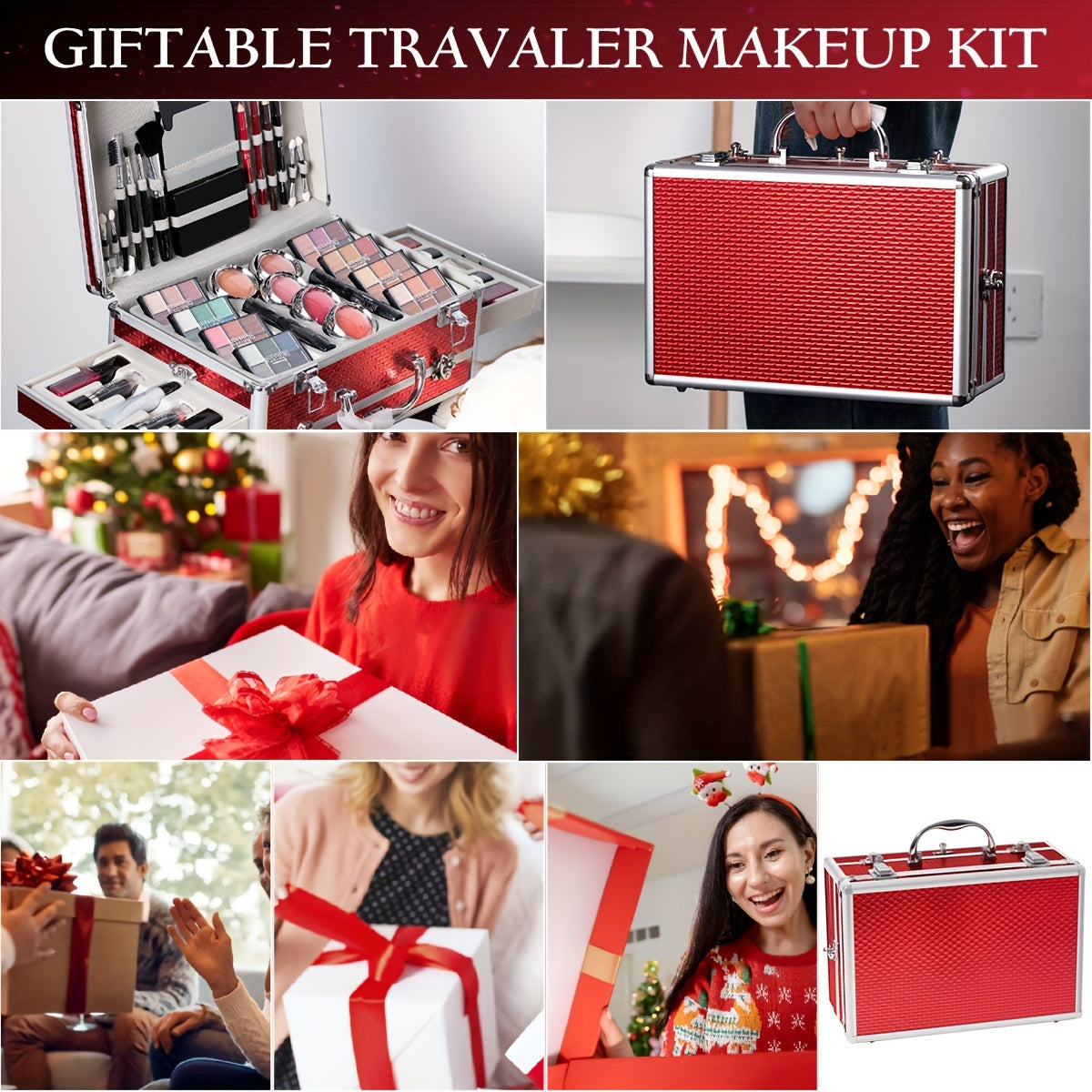 Professional Makeup Kit with Aluminum Travel Case & Mirror – Full Set Eyeshadow Blush Lipstick Foundation Eyeliner Mascara & Brushes, Gift for Women Girls Beginners, Silver & Red