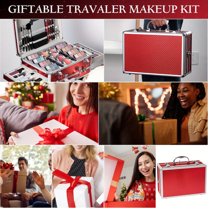 Professional Makeup Kit with Aluminum Travel Case & Mirror – Full Set Eyeshadow Blush Lipstick Foundation Eyeliner Mascara & Brushes, Gift for Women Girls Beginners, Silver & Red