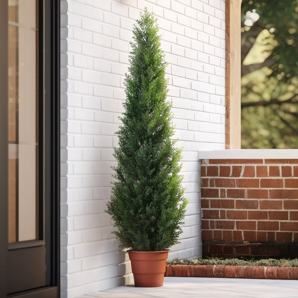 Artificial Cedar Topiary Tree with 3, 4 or 5 ft Height Options, Black Pot and Single or Two-Tree Sets