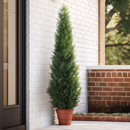 Artificial Cedar Topiary Tree with 3, 4 or 5 ft Height Options, Black Pot and Single or Two-Tree Sets