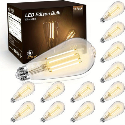 Vintage Edison LED Filament Bulbs, 8 W and 800 Lumens with Dimmable E26 Base and 2700 K Warm White, 12 Pack
