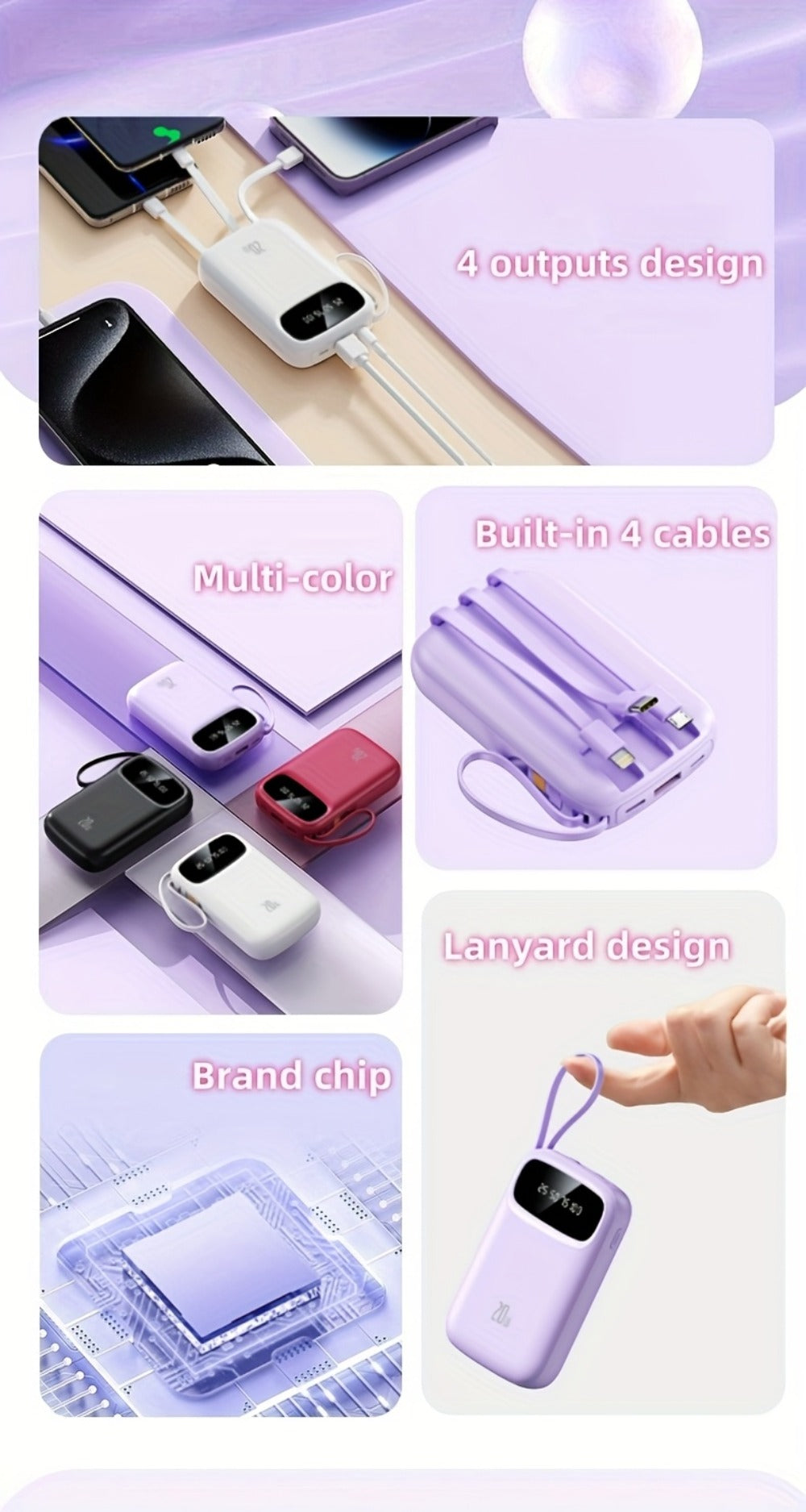 Power Bank 10000mAh with Three Built-In Cables, 5W/15W/22.5W Options, Digital Display and Lanyard