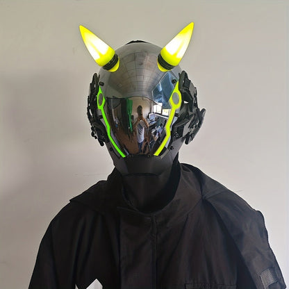 Pink LED Cyberpunk Costume Mask with Horned Full-Face Helmet, Reflective Visor and Lighted Accent Lines