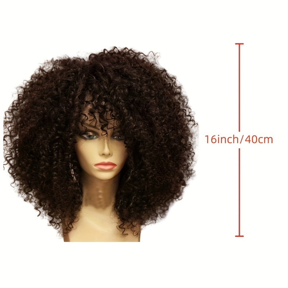 Synthetic Wig 16-Inch Kinky Curly Afro with Bangs in Color 1B and Elastic Cap for Parties and Cosplay