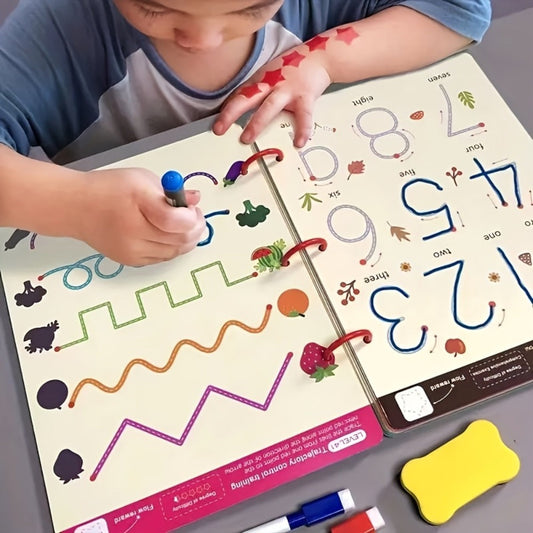 Magic Practice Handwriting & Drawing Book Set for Kids Ages 3-8 – 64 Pages Reusable Wipe Clean Workbook with 8 Erasable Pens & Refills, Pen Control Letter Tracing Activity Gift for Boys Girls Preschool