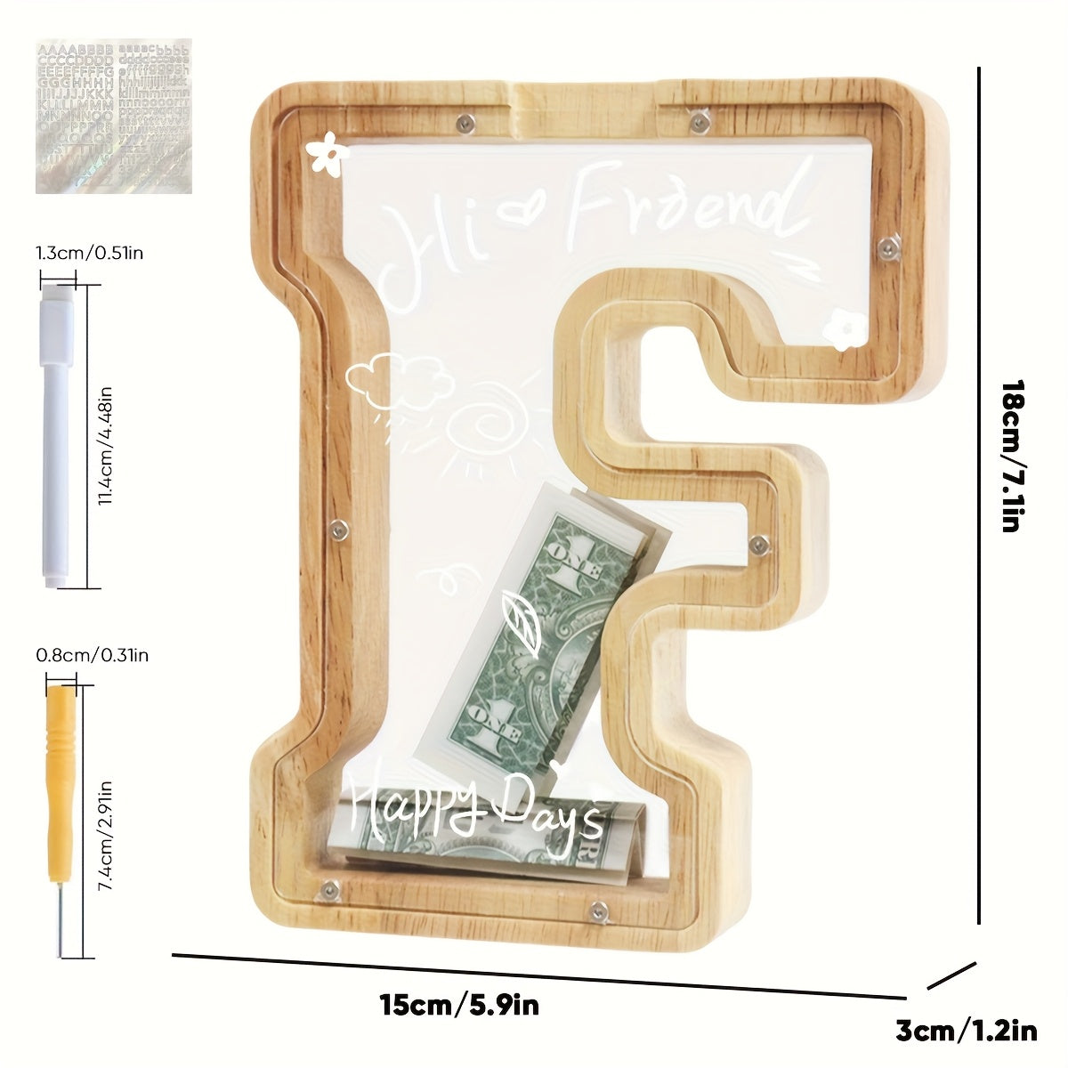 Alphabet Wooden Money Bank with Clear Front Panel, Coin Slot and A-to-Z Letter Options for Adults