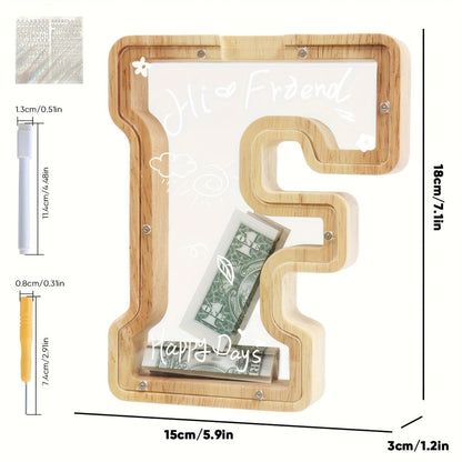 Alphabet Wooden Money Bank with Clear Front Panel, Coin Slot and A-to-Z Letter Options for Adults
