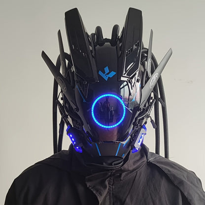 LED Braided Cyberpunk Costume Helmet with Circular Face Light and Blue, Green or Pink Accent Styles