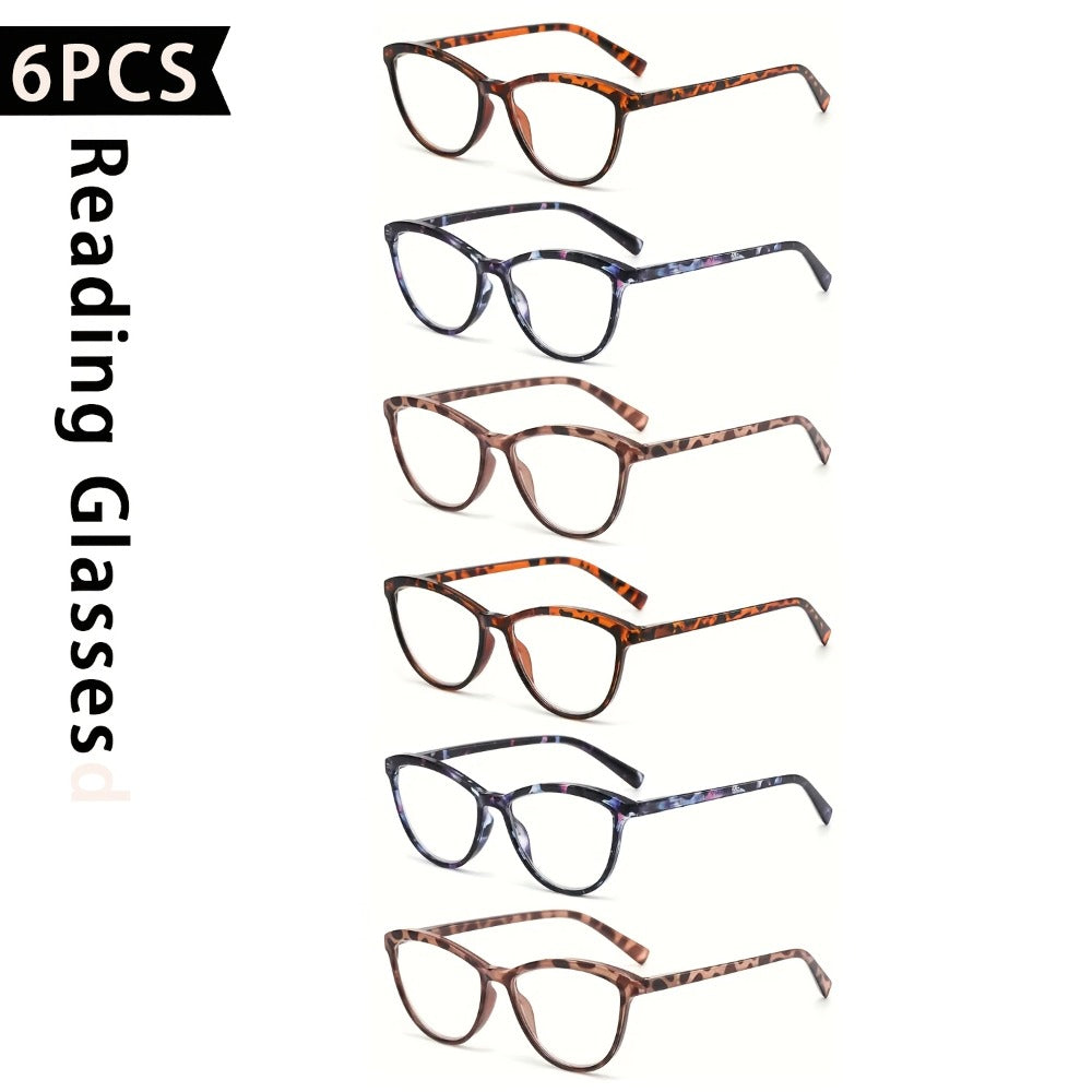 Reading Glasses – Six-Pair Floral Cat-Eye Blue-Light Reader Set with Spring Hinges in Seven Strengths