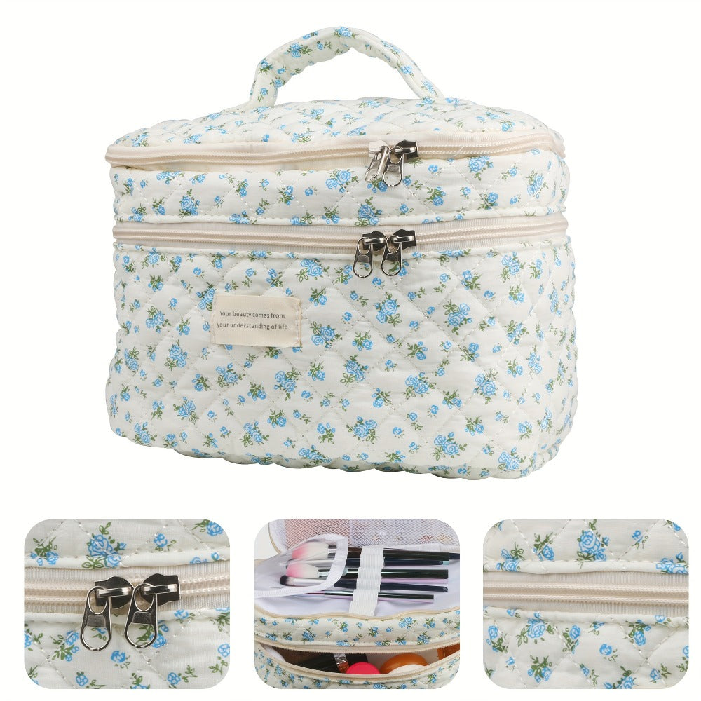 Makeup Bag – Set 3 PCS Quilted Cotton Dual Layer Large Capacity Floral Coquette Aesthetic Travel Cosmetic Bag Women Toiletry Organizer…