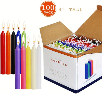 Assorted Color Soy Wax Taper Candle Set with 100 Compact 4-Inch Candles in Straight Form and Boxed Package